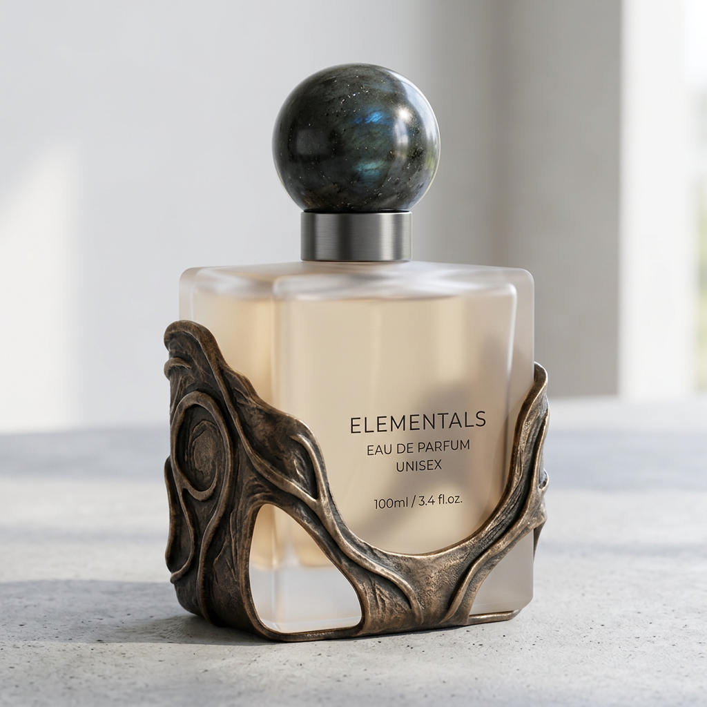 Unisex Eau de Parfum bottle named Elementals with 100ml capacity featuring a spherical stone cap and ornamental metal base
