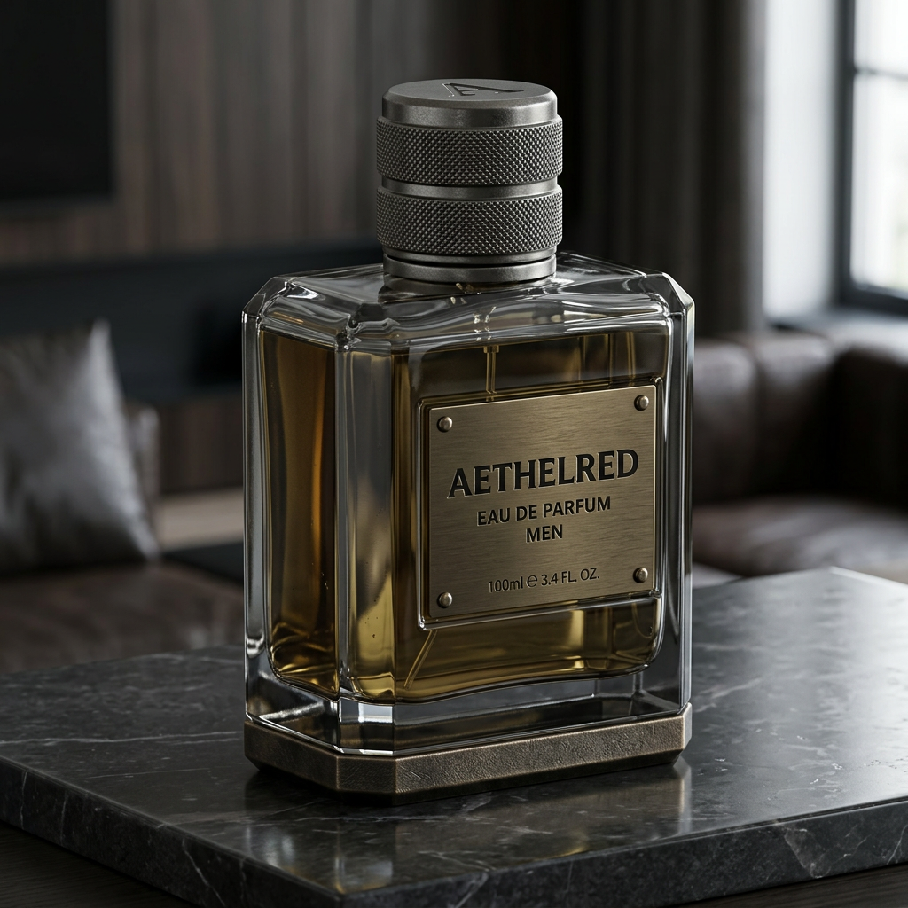 A rectangular glass bottle of Aethelred eau de parfum for men with metallic cap and label.