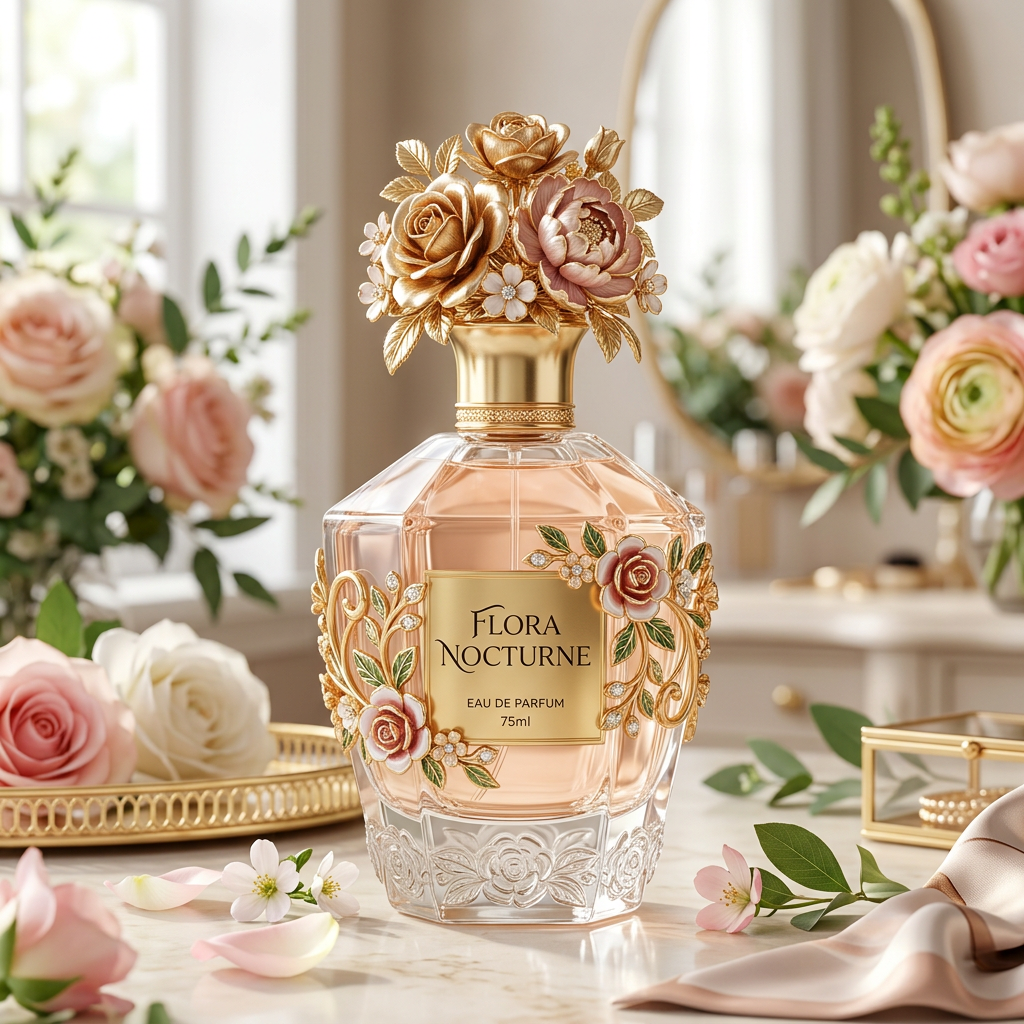 Perfume bottle labeled Flora Nocturne with gold and pink floral decorations on a vanity table